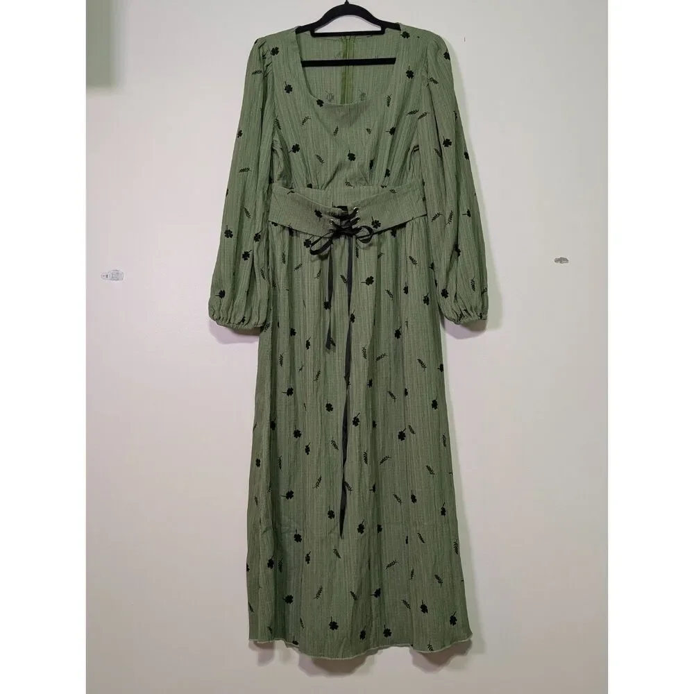 Sage Green Botanical Maxi Dress Corset Waist Cottagecore Small - Picture 2 of 6